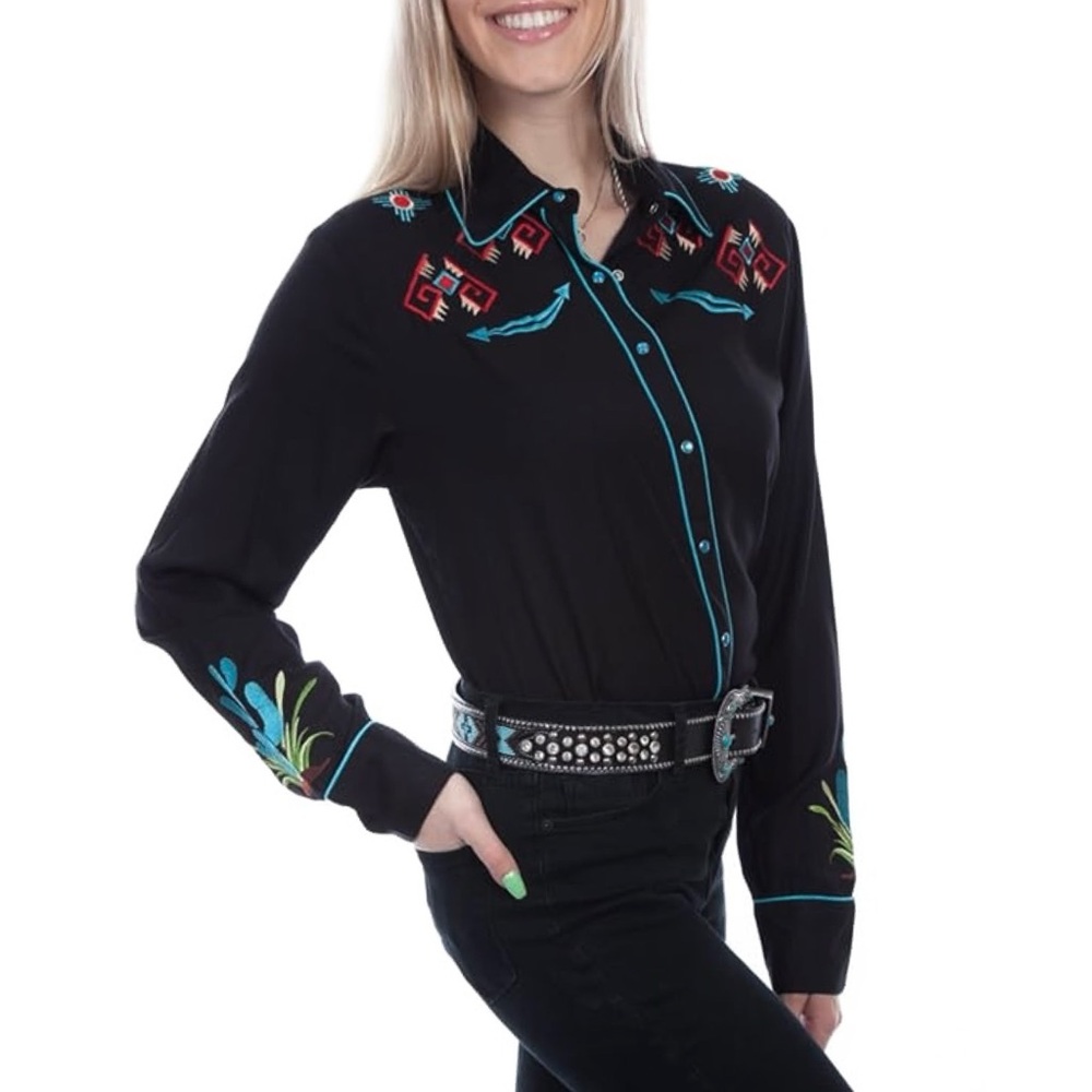 Scully Women Cactus Embroidered Pearl Snap Western Shirt Sz S Black Long Sleeve - Picture 2 of 12